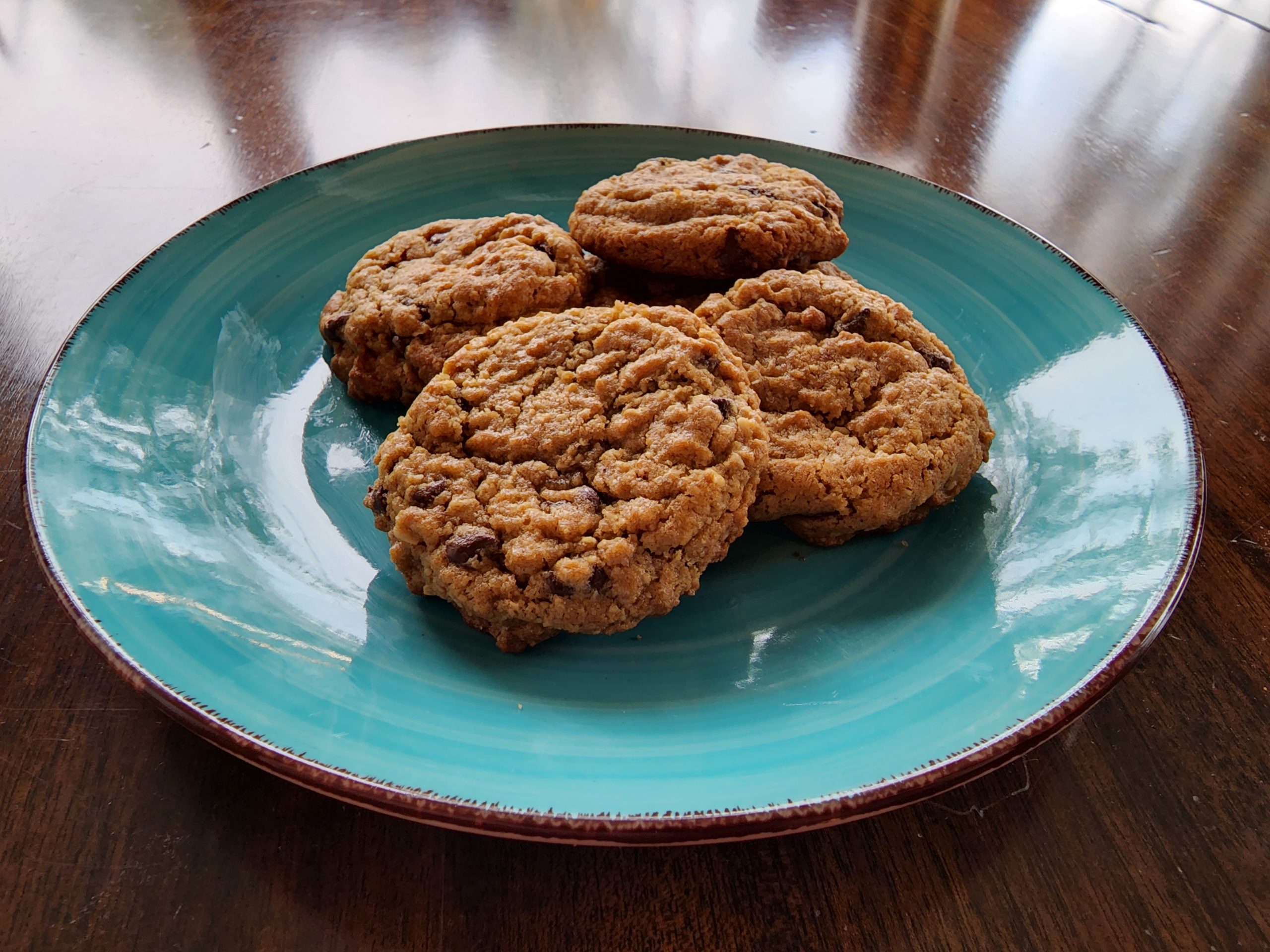 Beautiful Chocolate Chip Cookies on a teal plate